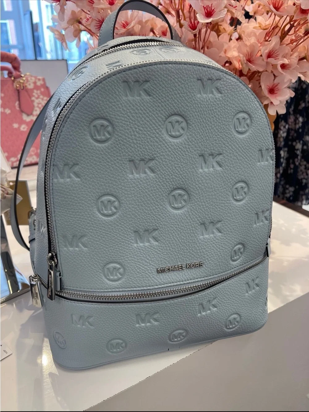 Michael Kors Rhea Medium Zip Logo Debossed Backpack Pale Ocean NWT